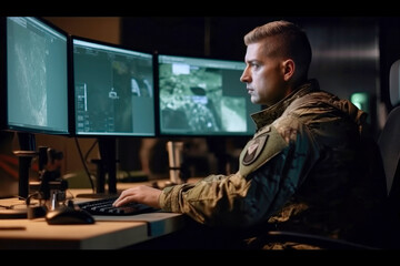 Military surveillance officer tracking operation in a central office hub for cyber control. Monitoring for managing national security, army communications