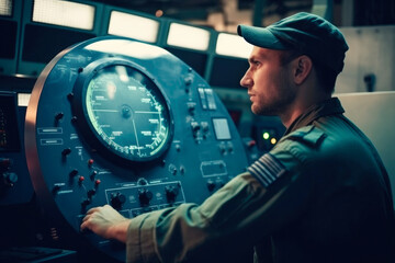 Military surveillance officer at submarine control - obrazy, fototapety, plakaty