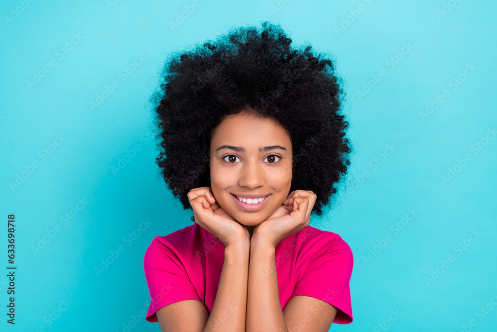 Sticker portrait of adorable cheerful schoolkid beaming smile hands touch cheeks have good mood isolated on 