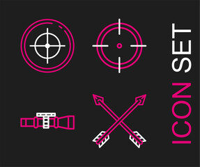 Set line Crossed arrows, Sniper optical sight, Target sport for shooting competition and icon. Vector
