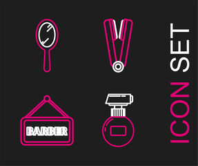 Set line Cream or lotion cosmetic tube, Barbershop, Curling iron for hair and Hand mirror icon. Vector