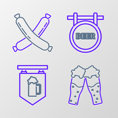 Set line Glass of beer, Street signboard with glass, inscription Beer and Crossed sausage icon. Vector