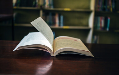 On a wooden table, there's an open book with a library visible in the background. A stack of books nearby adds to the theme of educational learning.