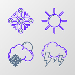 Set line Storm, Cloud with snow and sun, Sun and Snowflake icon. Vector