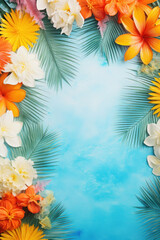 Fototapeta na wymiar tropical texture. flowers and palm branches on a blue background. frame and place for text.