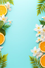 tropical texture. flowers and palm branches on a blue background. frame and place for text.