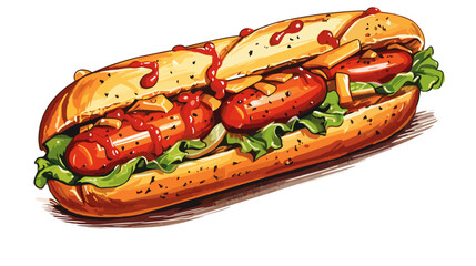 Drawing of a sandwich with sausage sausage on a white background vector