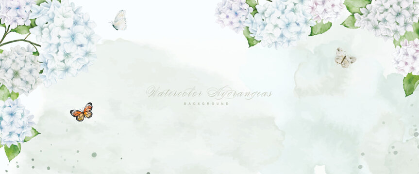 Horizontal background with white hydrangea, butterflies and stains