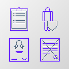 Set line Delete file document, Certificate template, Life insurance with shield and Clipboard checklist icon. Vector