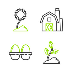 Set line Sprout, Chicken egg in box, Farm House concept and Sunflower icon. Vector