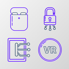 Set line Virtual reality, Tablet, Lock on digital circuit board and Air headphones in box icon. Vector