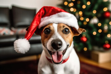 Portrait of christmas dog wearing santa hat