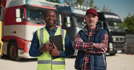 Mixed-race men working together at delivery business company. Attractive coworkers wearing cap standing before lorries with goods and positively smiling on camera. Transport concept.