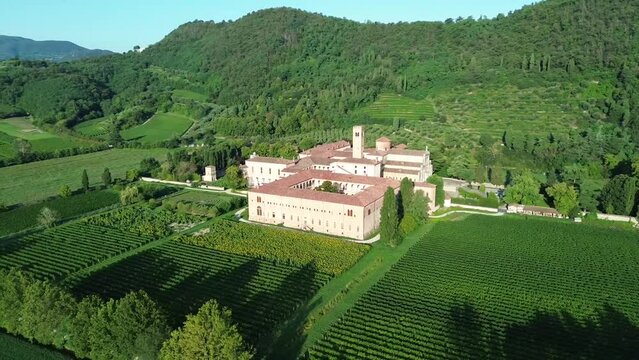 Aerial view of Benedictine monastery Abbazia di Praglia in Bresseo, Teolo by Padua in Italy as a Christianity, religion, and Catholicism concept