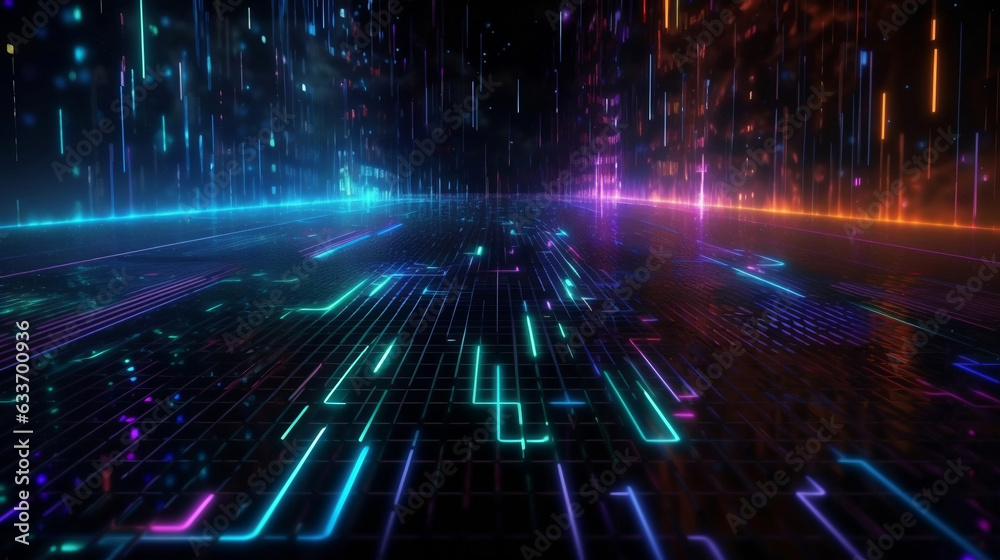 Wall mural neon glow multicolor laser beam lines pattern design, digital data flow and cyberspace concept futur