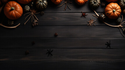 Décoration d'Halloween, citrouilles, araignées sur planche de bois noir, marron foncé. Vue du dessus. Ambiance lugubre, sombre et effrayante. Fond pour conception et création graphique - obrazy, fototapety, plakaty