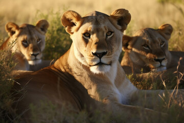Obraz premium Three lioness hanging out at savanna grassland in the afternoon, close up shot, protecting wildlife concept.