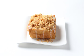 tall French square toast with chicken floss and butter milk salad sauce breakfast in plate on white background western chef appetiser halal bakery food restaurant pastry menu for cafe