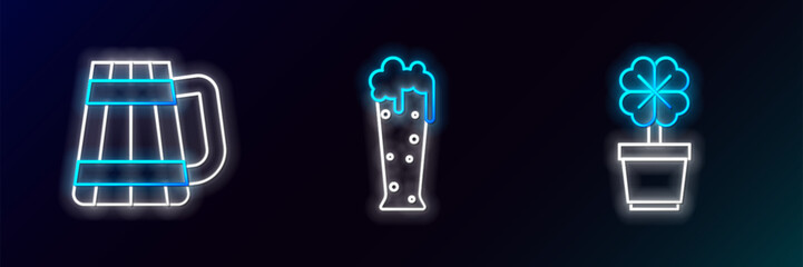 Set line Four leaf clover in pot, Wooden beer mug and Glass of icon. Glowing neon. Vector