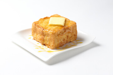 grilled egg french thick square baked toast w butter and honey jam snack breakfast in plate on white background western chef appetiser halal bakery food restaurant pastry menu for cafe