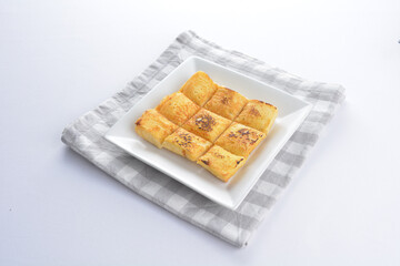 square fried egg French toast bread set with half boiled soft chicken egg and hot coffee or tea breakfast on white background asian chef appetiser halal bakery food restaurant pastry menu for cafe