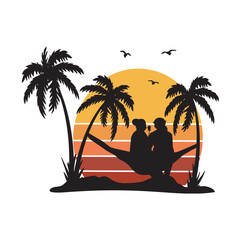 in love couple and palm trees sit on a hammock vector silhouette