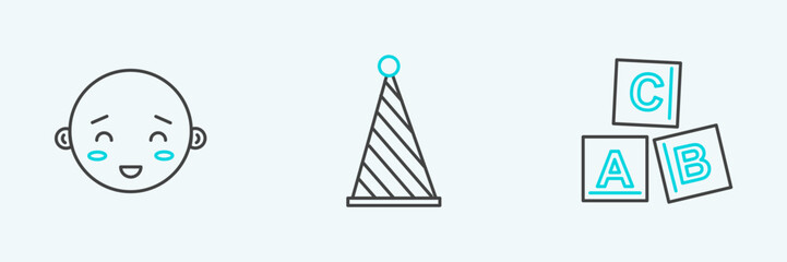 Set line ABC blocks, Happy little boy head and Party hat icon. Vector