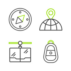 Set line Car key with remote, Cable car, Location on the globe and Compass icon. Vector
