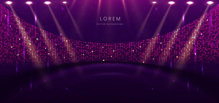 Elegant purple stage horizontal glowing with lighting effect sparkle on dark background. Template premium award design.