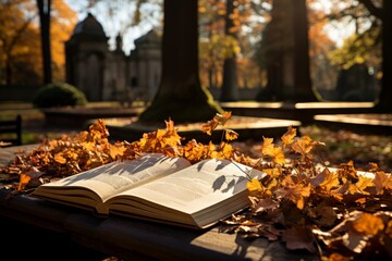 Naklejka na ściany i meble book open in a park in spring with dry leaves falling