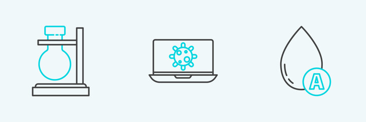 Set line Water drop, Test tube flask on stand and Bacteria laptop icon. Vector