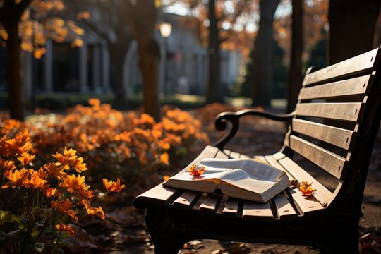 book open in a park in spring with dry leaves falling