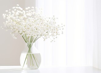 Soft home decor, white jug, vase with white small flowers on a white vintage wall background and on a wooden shelf. Interior. Created with Generative AI technology.