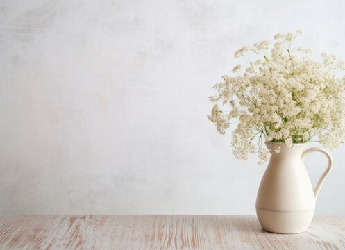 Soft home decor, white jug, vase with white small flowers on a white vintage wall background and on a wooden shelf. Interior. Created with Generative AI technology.