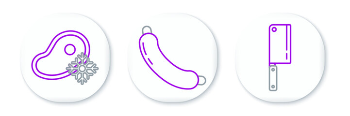 Set line Meat chopper, Fresh frozen steak meat and Sausage icon. Vector