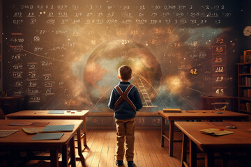 Young child of science and mathematics in classroom. - obrazy, fototapety, plakaty