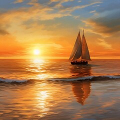 Digital painting of a serene coastal scene at sunset with water waves and sailboat generative ai