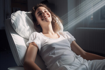 Obraz premium Young woman laying on chair in room.