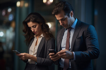 woman and a man are looking at smartphones.