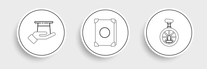 Set line Unicycle or one wheel bicycle, Magician hat in hand and Ancient magic book icon. Vector © Oksana