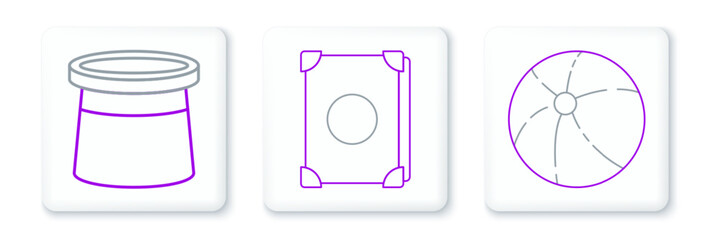 Set line Beach ball, Magician hat and Ancient magic book icon. Vector