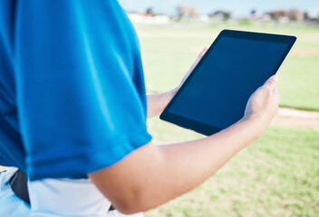Closeup, baseball or outdoor with a tablet, screen or social media with connection, athlete or fitness. Person, hands or player with technology, online game plan or internet for sports website update