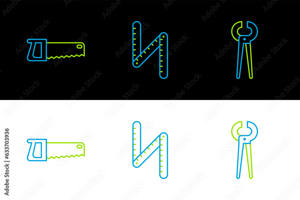 Wall mural set line pincers and pliers, hand saw and folding ruler icon. vector