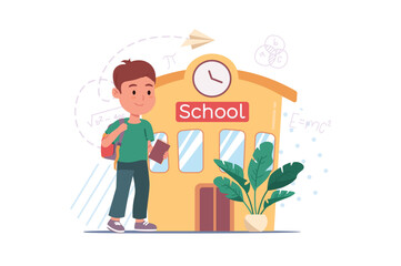 Concept go to school with people scene in the flat cartoon design. The student is in a hurry so as not to be late for the lesson. Vector illustration.