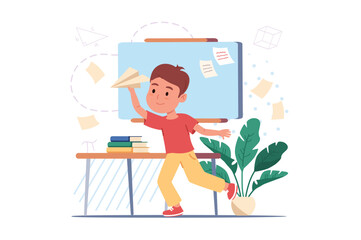 School break concept with people scene in the flat cartoon design. A boy makes paper airplanes during a break between lessons. Vector illustration.