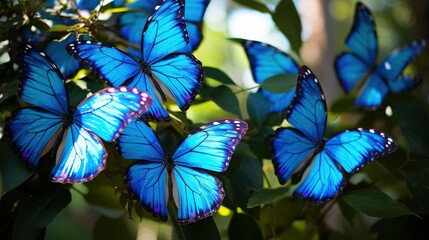  a group of blue butterflies sitting on top of green leaves.  generative ai