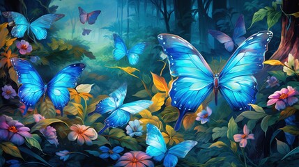Fototapeta na wymiar a painting of blue butterflies flying over a lush green forest. generative ai