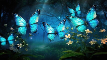  a group of blue butterflies flying over a lush green forest.  generative ai