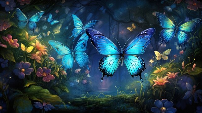  a group of blue butterflies flying over a lush green forest.  generative ai