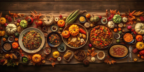 Thanksgiving dinner top view, wooden table
